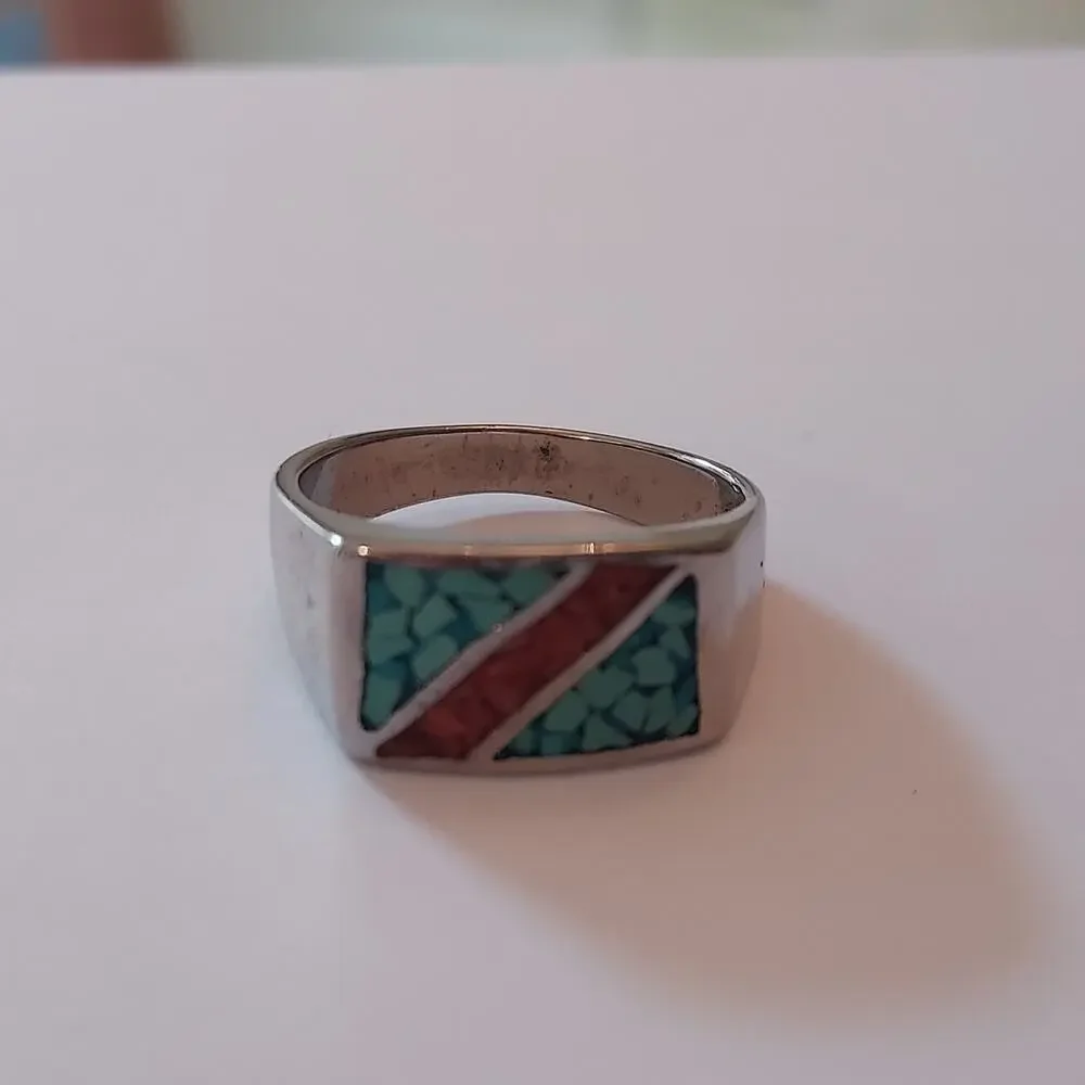 Men's Ring Sz 10.5 Silver Tone Faux Colorful Southwestern Style Inlay